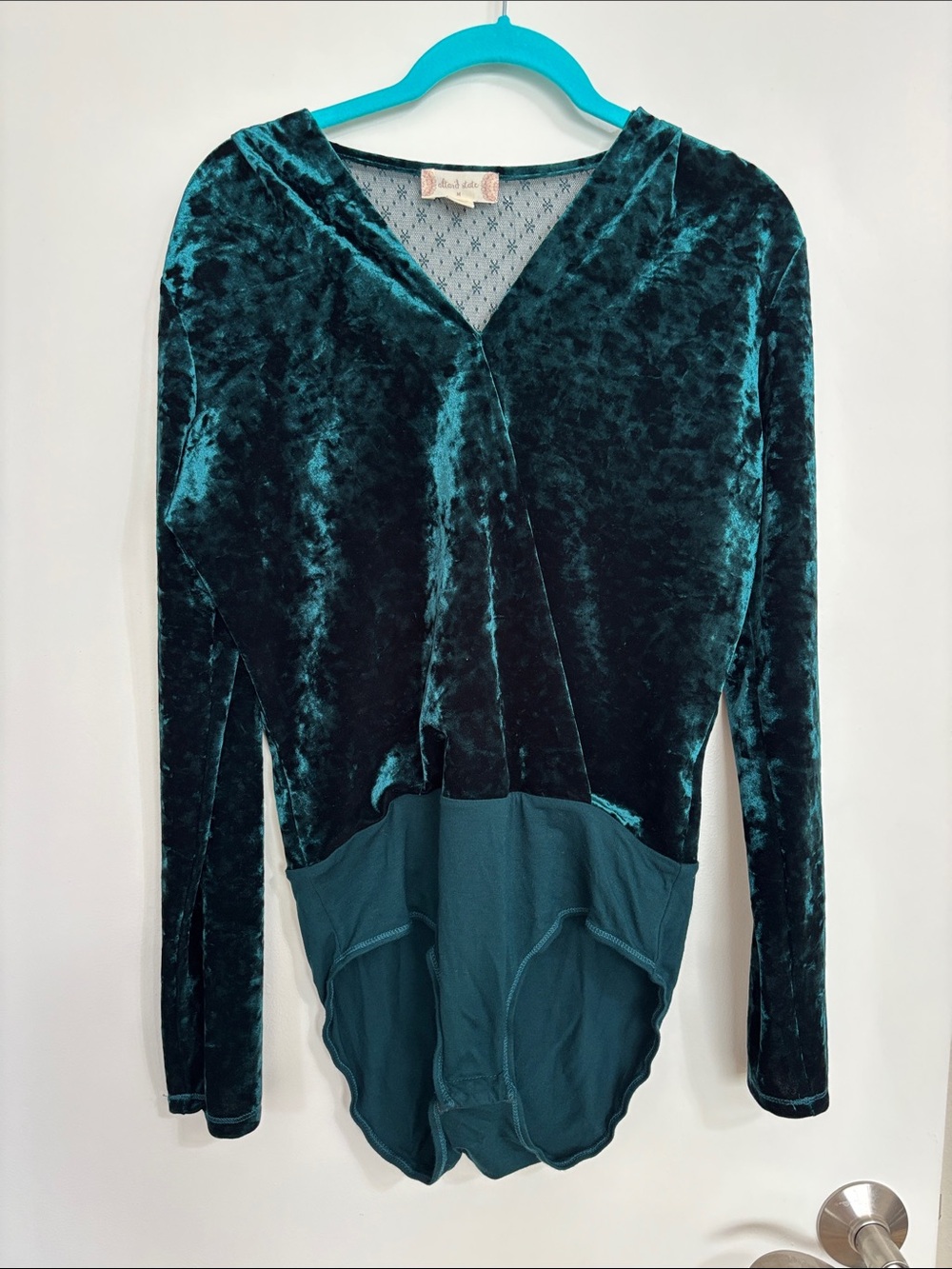 Altar'd State Teal Crush Velvet Hooded Long-Sleeve Bodysuit